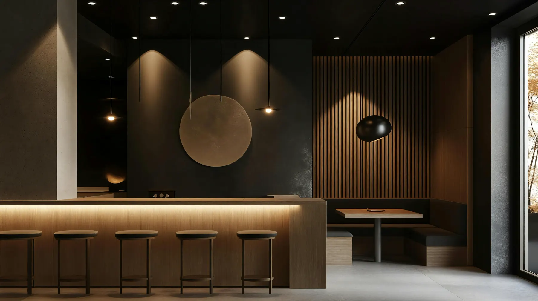 A quiet café bar in warm low light: a long counter, five stools and a round bronze disc on the wall